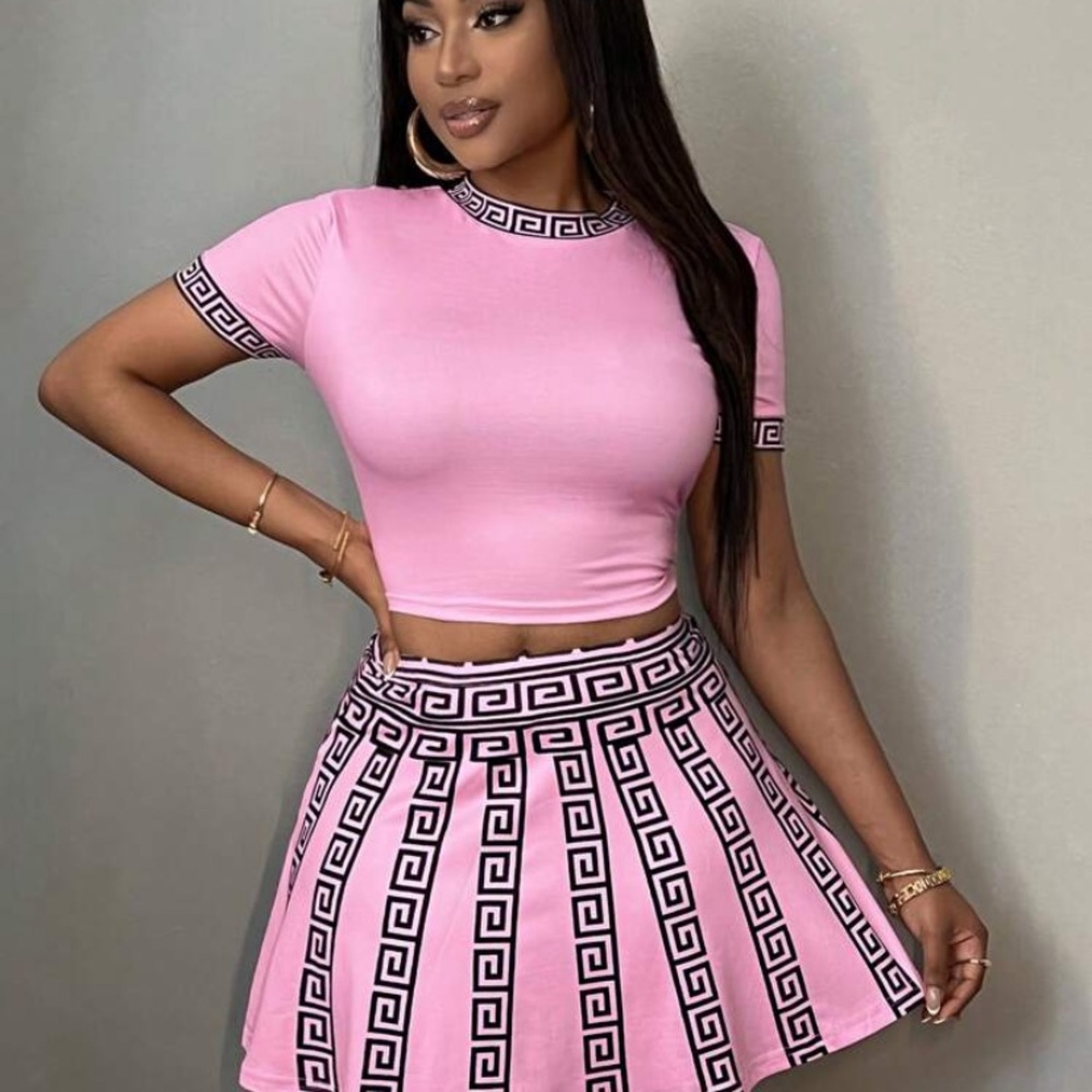 SHEIN Pink Mini Skirt with Black Geometric Trim